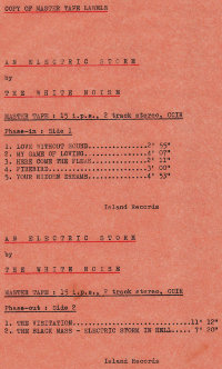 Copy of master tape labels for An Electric Storm cover by The Whilte Noise